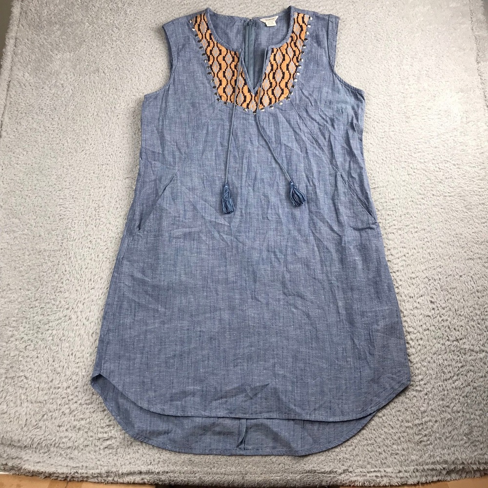 Ariat Katy Embroidered Chambray Shift Dress Womens XL Blue V Neck Tassel Cowgirl - Picture 2 of 10